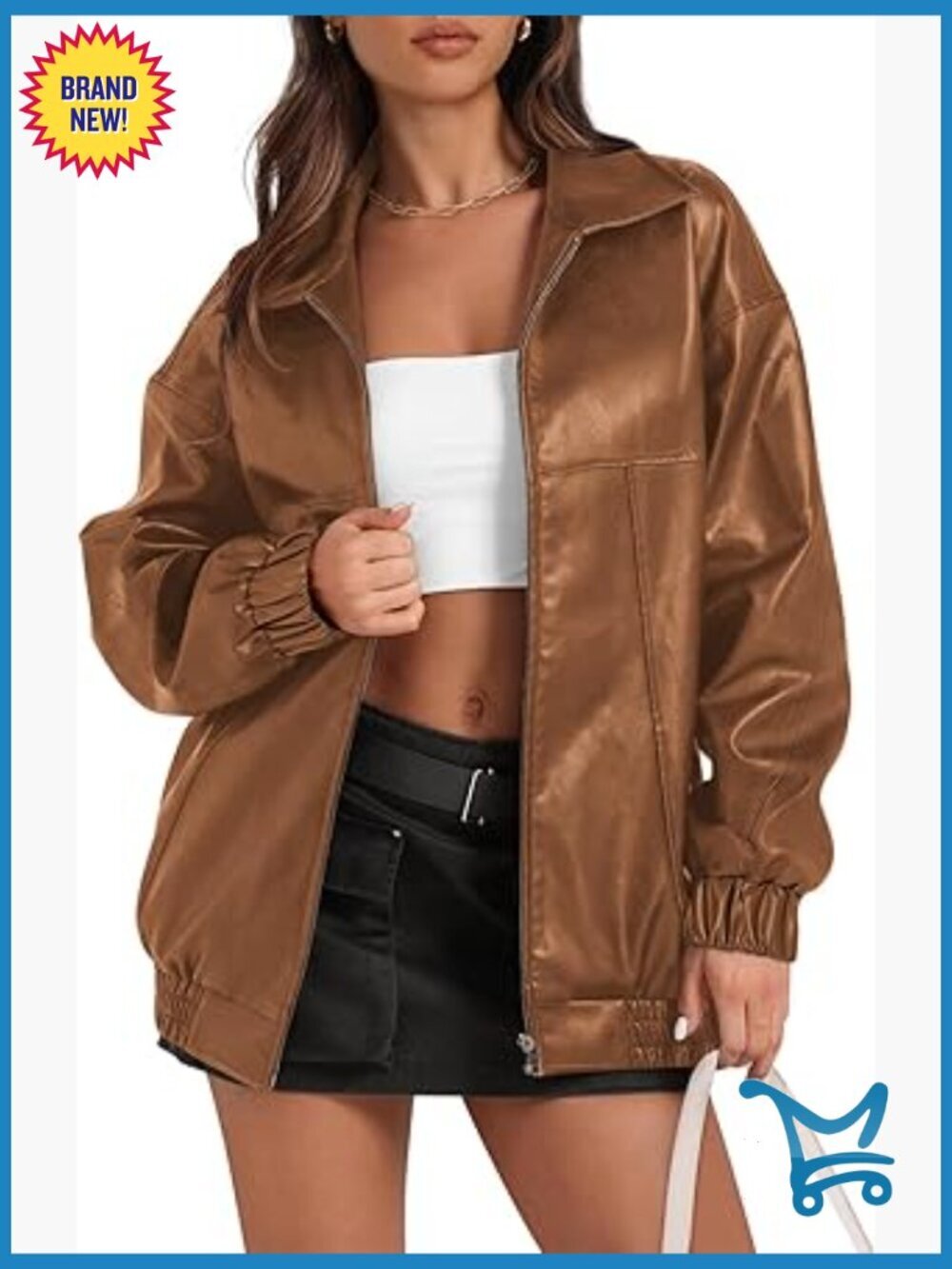 Oversized Faux Leather Jacket Zip Up Bomber Motorcycle Coat